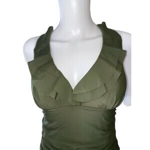 Sexy V Plunge Ruffle swimsuit, One piece, Bra C/D Medium, Forgiving gathers.